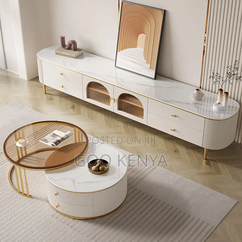 Home Table; Premium Coffee Table Duo With Marble Top and Tv Cabinet
