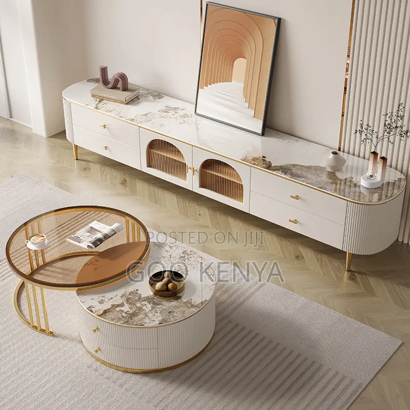 Home Table; Premium Coffee Table Duo With Marble Top and Tv Cabinet