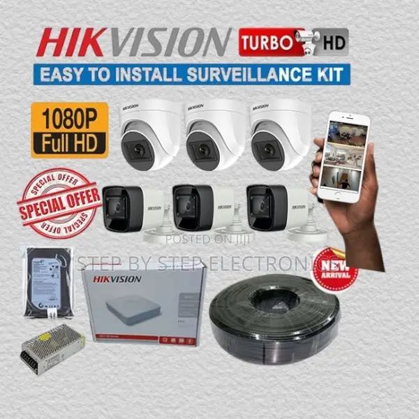 6 Hikvision Full Hd 1080p 2mp CCTV Kit With Dvr, HDD and Cable Roll