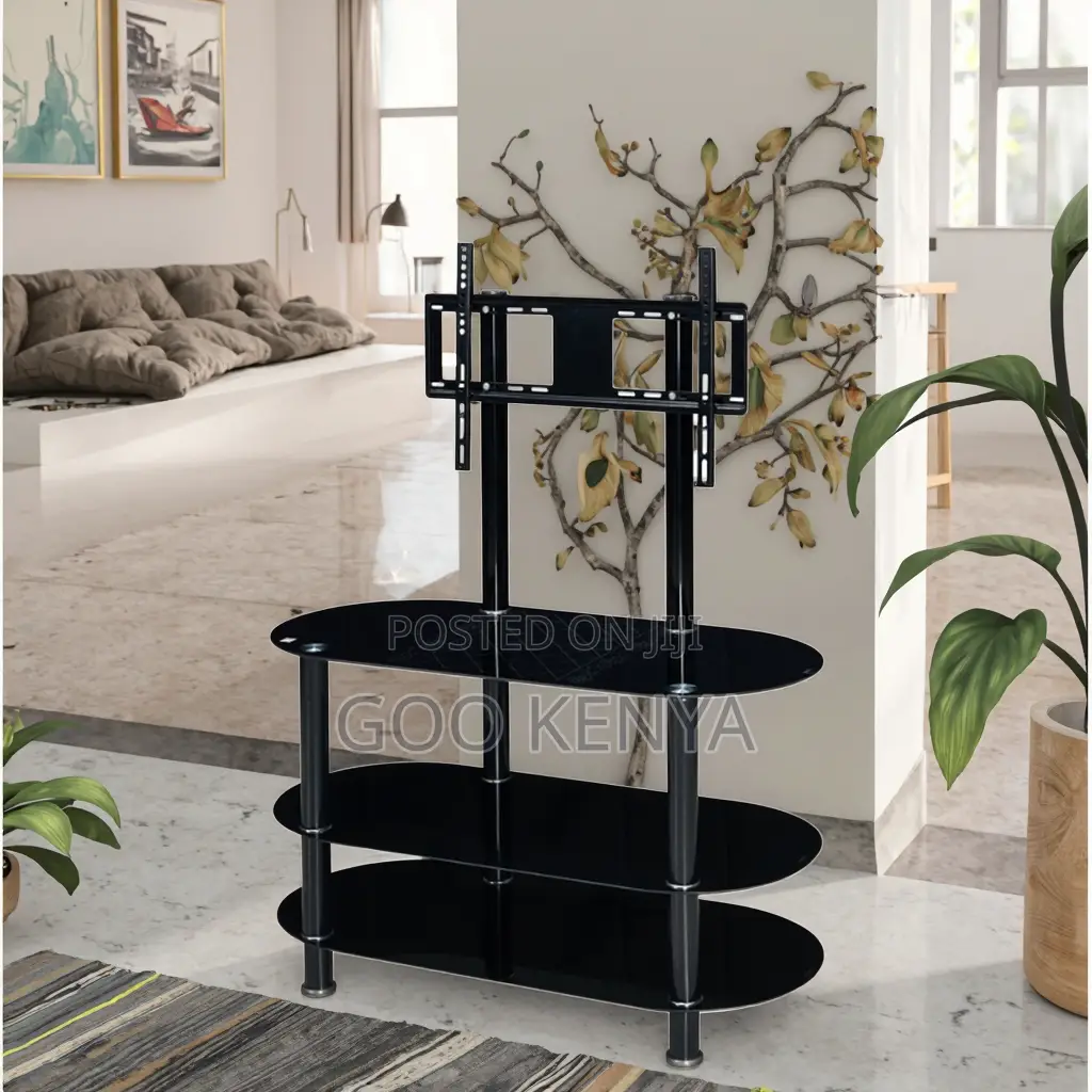 Home Tv Stand; Elegant Glass Tv Table With Steel Mount