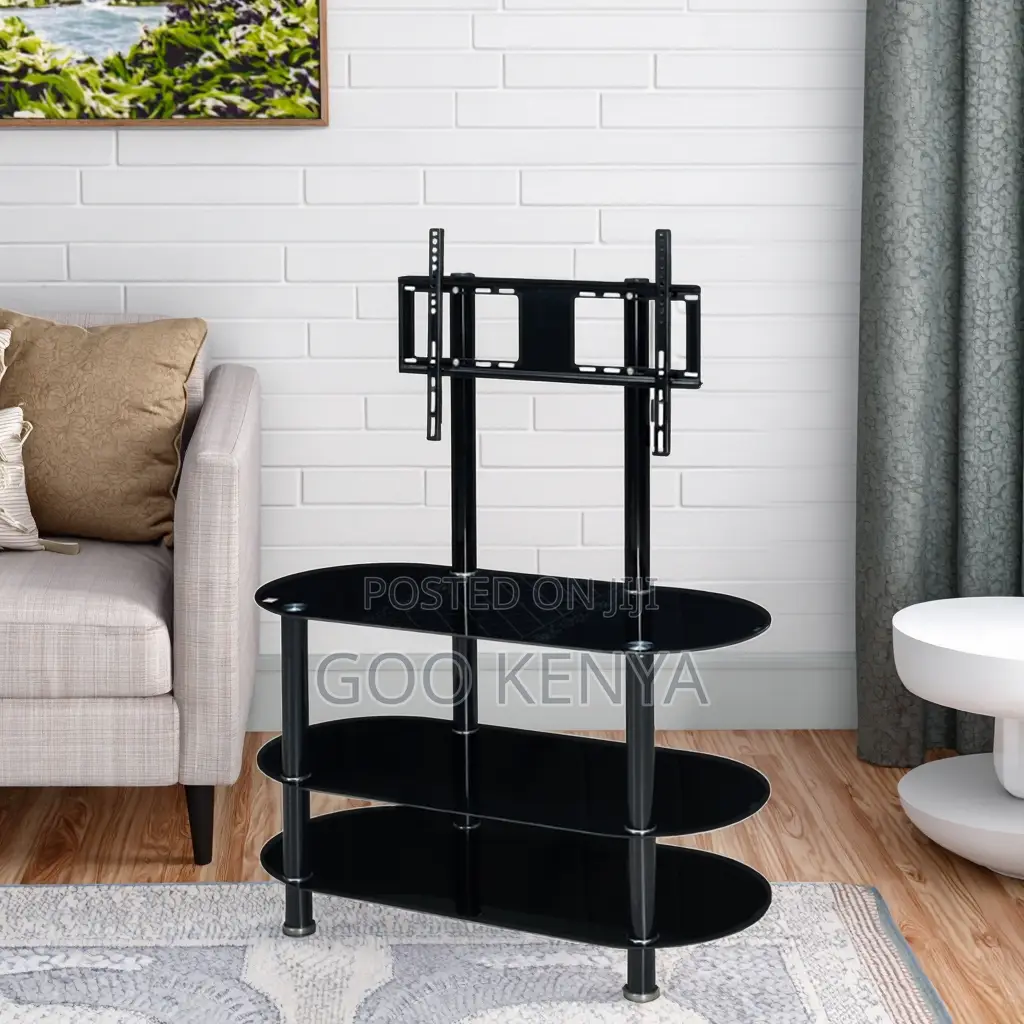 Home Tv Stand; Elegant Glass Tv Table With Steel Mount