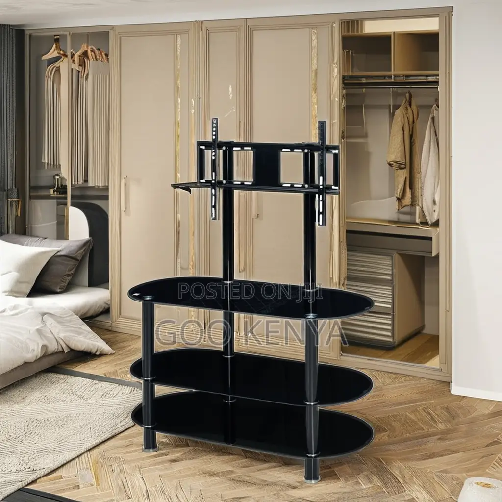 Home Tv Stand; Elegant Glass Tv Table With Steel Mount