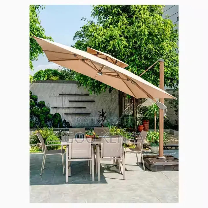 Outdoor Sun Umbrella; Rotating Wood Garden Umbrella With Fabric Canopy