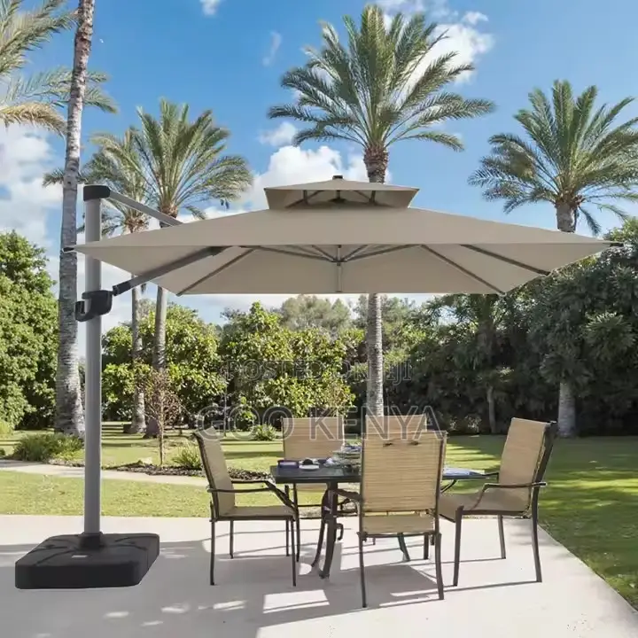 Outdoor Sun Umbrella; Rotating Wood Garden Umbrella With Fabric Canopy