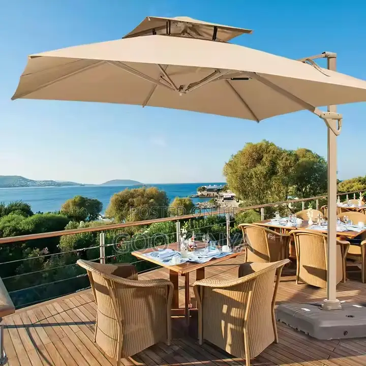 Outdoor Sun Umbrella; Rotating Wood Garden Umbrella With Fabric Canopy