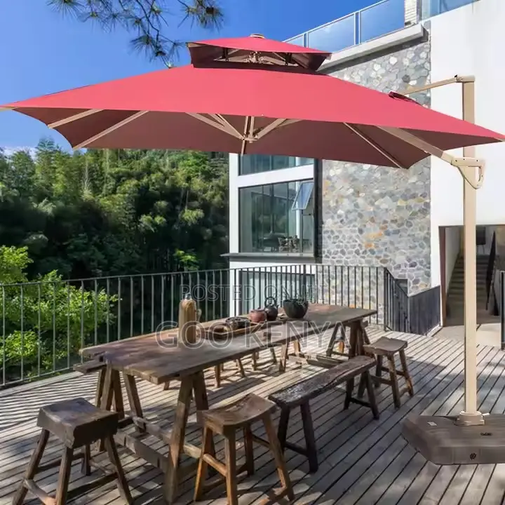 Outdoor Sun Umbrella; Rotating Wood Garden Umbrella With Fabric Canopy