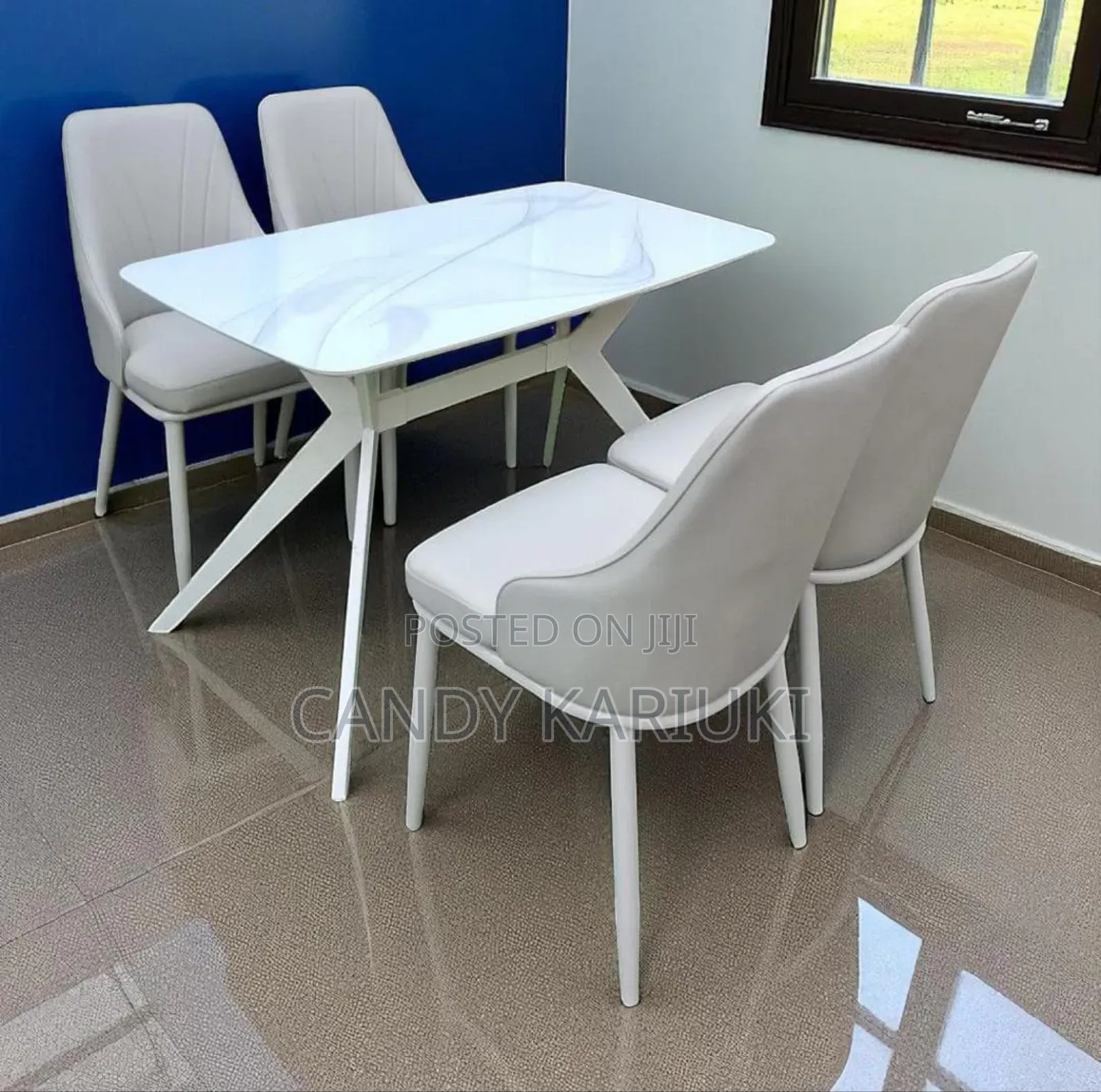 Marble Top Dining Table With 4 Beautiful White Chairs