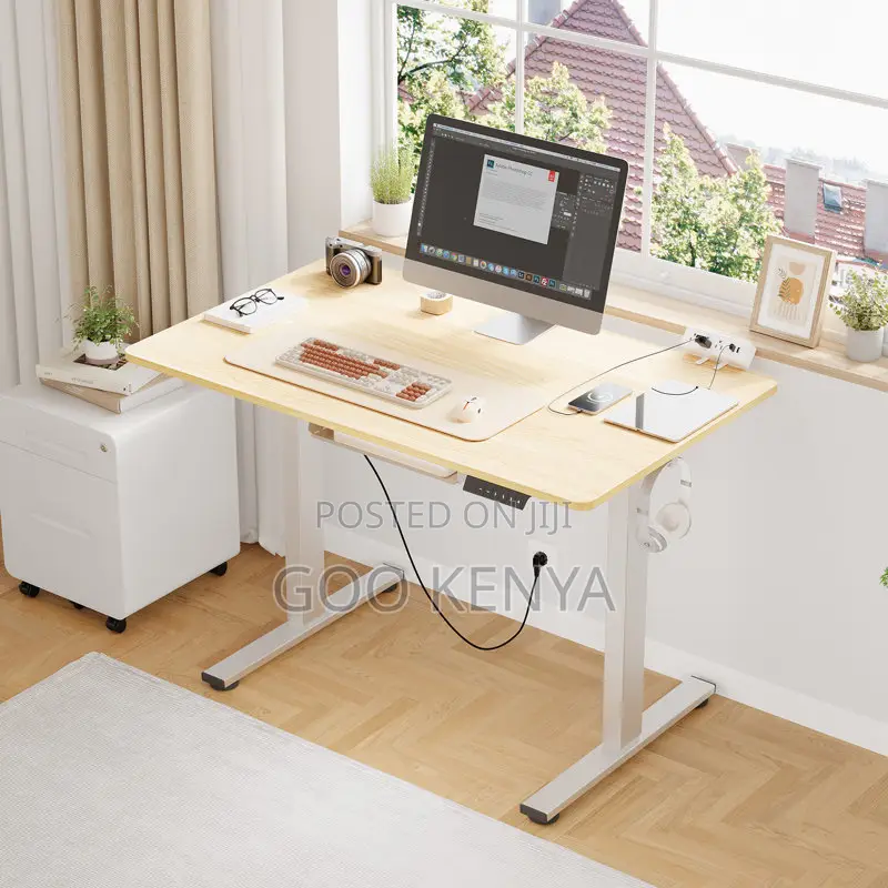 Office Table; Electric Adjustable Office Desk With Wooden Top