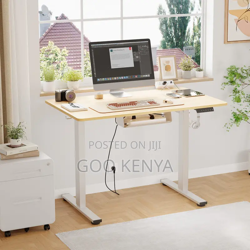 Office Table; Electric Adjustable Office Desk With Wooden Top