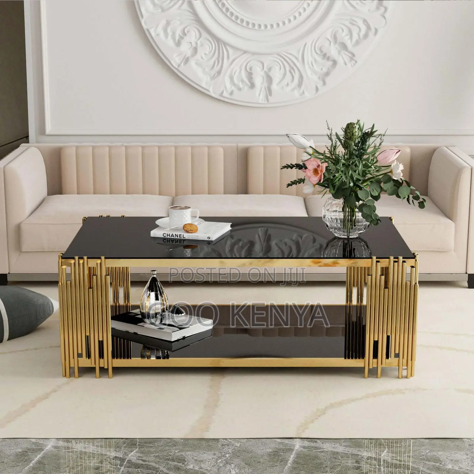 Home Table; Elegant Rectangular Black Coffee Table With Gold Legs