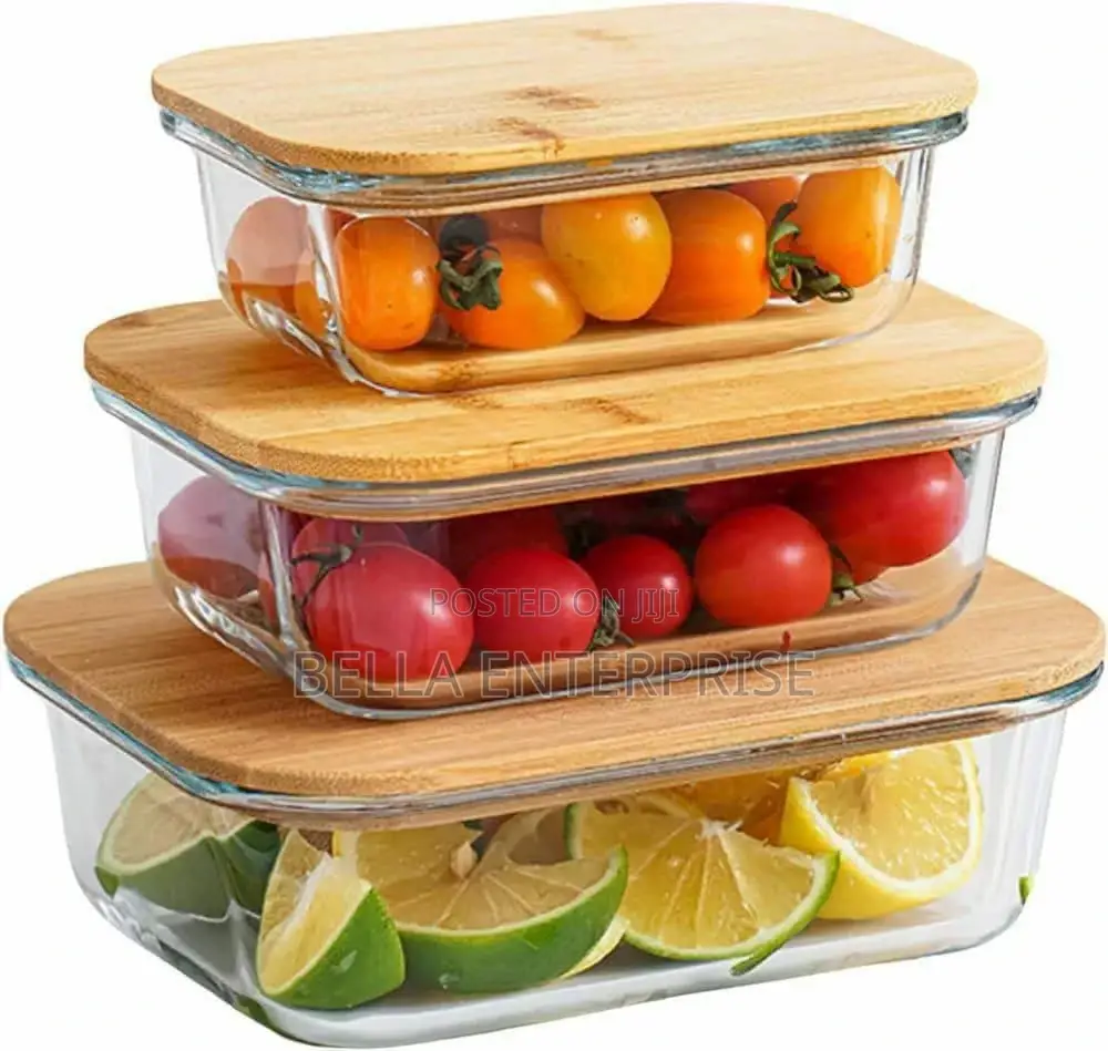 3pcs Glass Bowl Storage Containers With Bamboo Lid