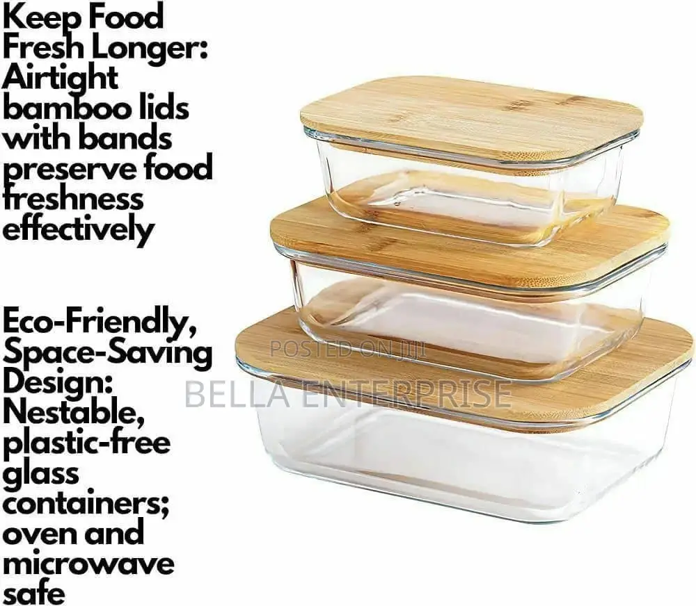 3pcs Glass Bowl Storage Containers With Bamboo Lid