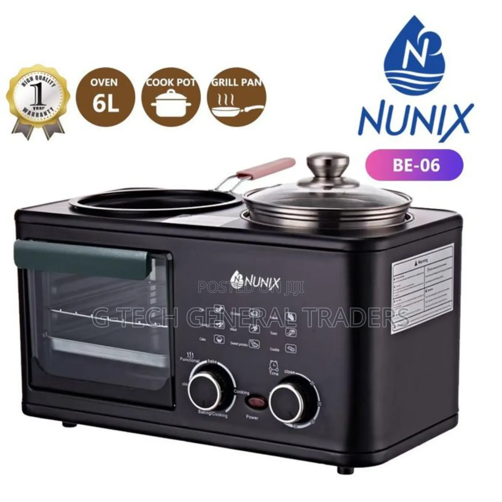 Nunix Breakfast Maker 6l 3 In 1 Oven With Cookpot And Grill Pan Be06