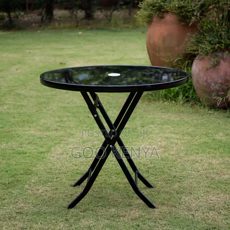Home Table; Portable Round Folding Table With Black Glass Top