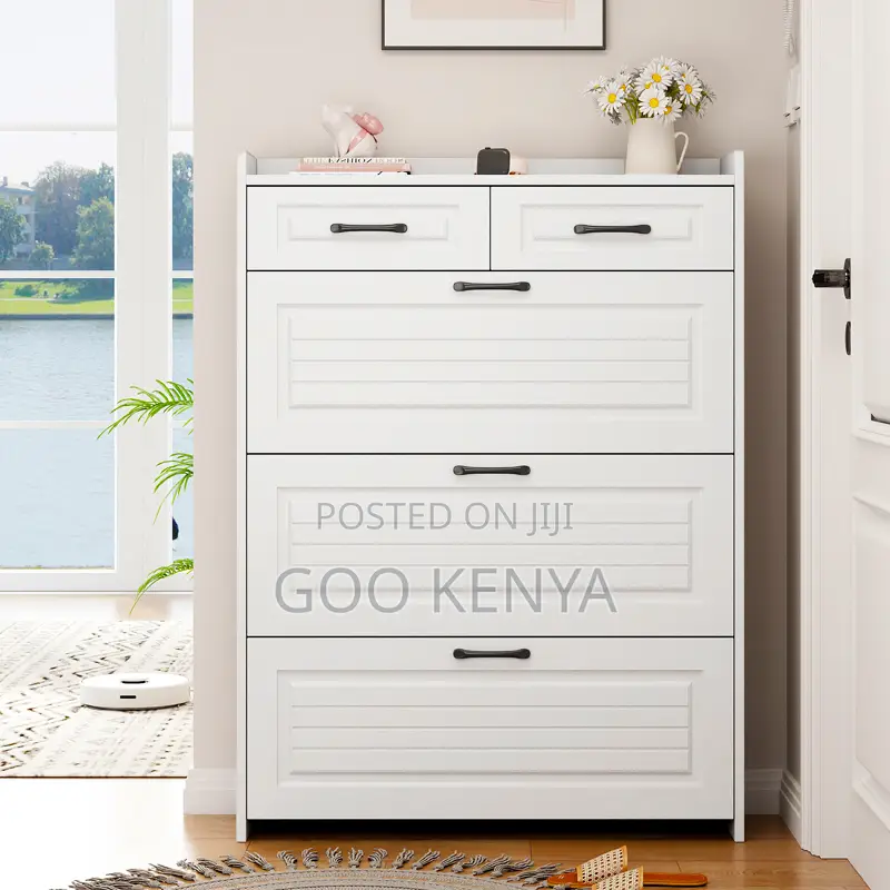 Home Cabinet; Space-Saving White Flip-Off Shoe Storage Unit