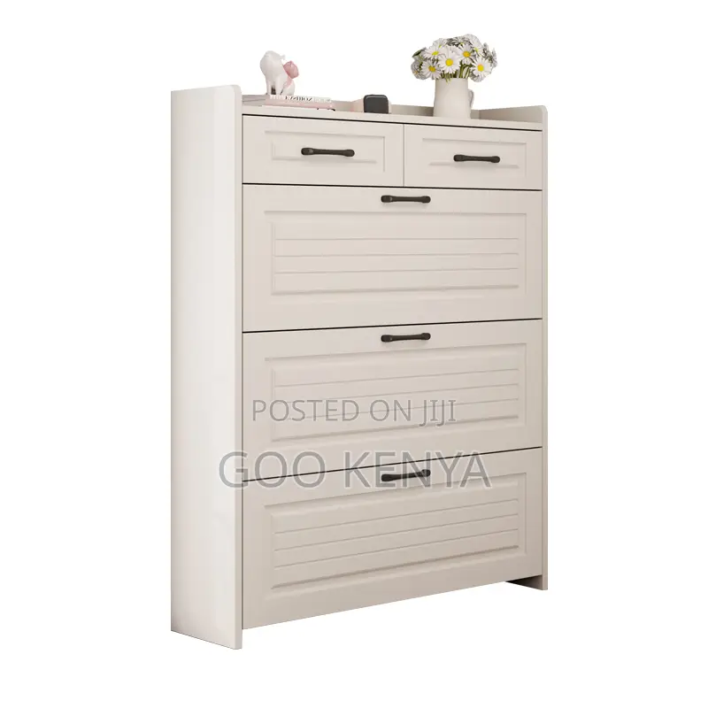 Home Cabinet; Space-Saving White Flip-Off Shoe Storage Unit