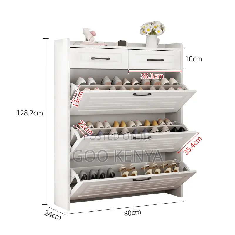 Home Cabinet; Space-Saving White Flip-Off Shoe Storage Unit