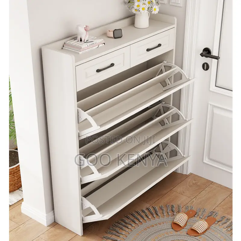 Home Cabinet; Space-Saving White Flip-Off Shoe Storage Unit