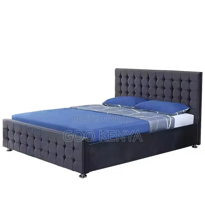Home Bed; Wooden King Bed With Upholstered Leather Panels