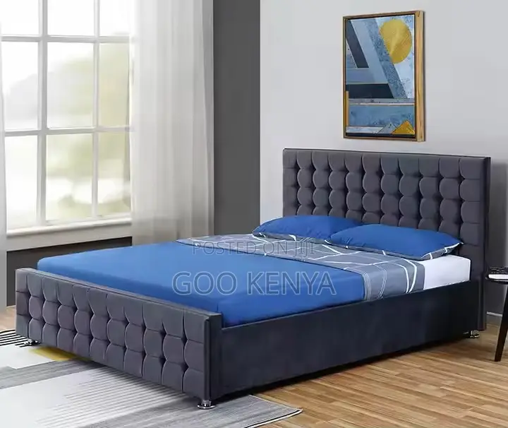 Home Bed; Wooden King Bed With Upholstered Leather Panels