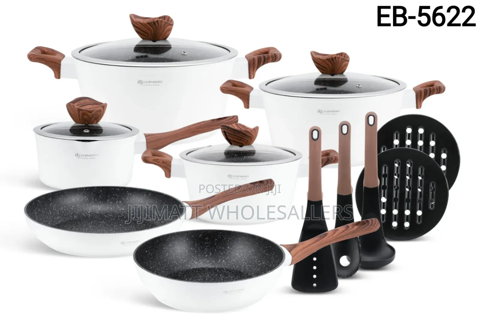 15 Pieces White With Wooden Handle Edenburg Cookware Pots Set