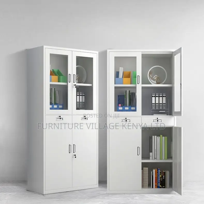 Double Door Half-Glass Metal Storage Cabinet - Gray Color