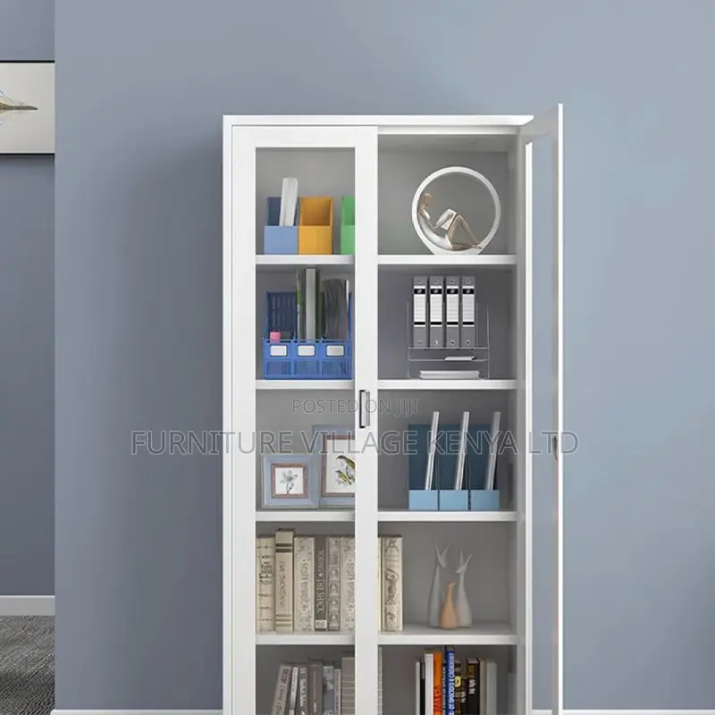 Double Door Half-Glass Metal Storage Cabinet - Gray Color