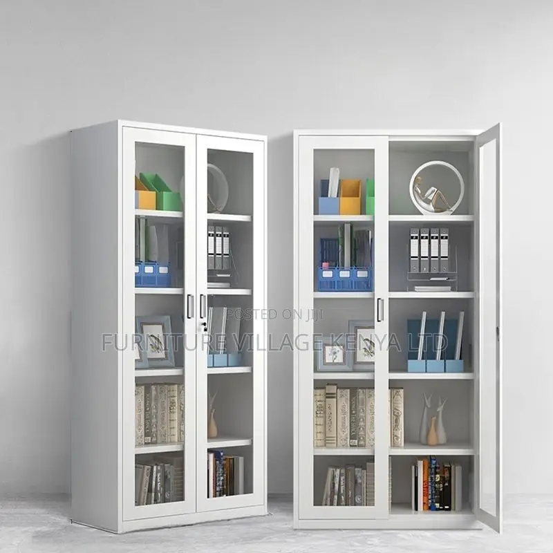 Double Door Half-Glass Metal Storage Cabinet - Gray Color