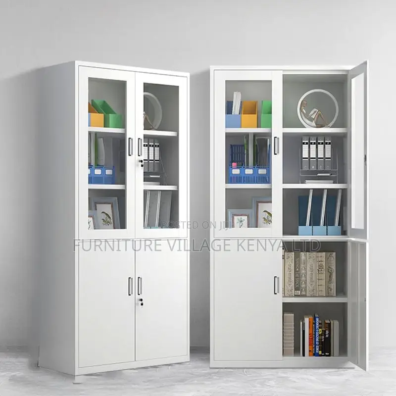 Double Door Half-Glass Metal Storage Cabinet - Gray Color