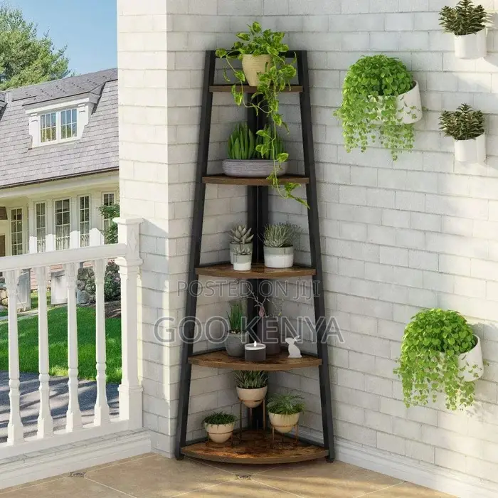 Home Shelf; Space-Saving 5-Tier Wooden Corner Rack With Metal Base.