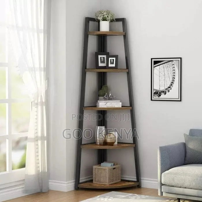 Home Shelf; Space-Saving 5-Tier Wooden Corner Rack With Metal Base.