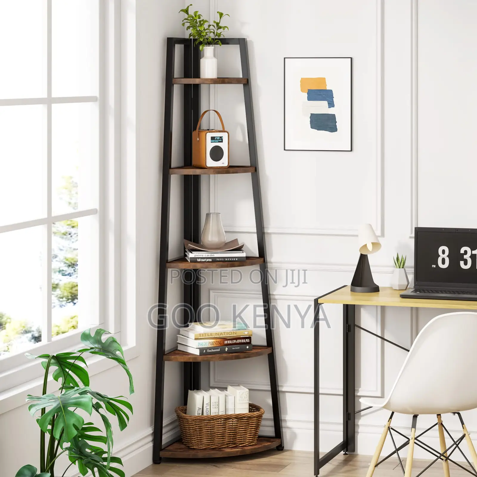 Home Shelf; Space-Saving 5-Tier Wooden Corner Rack With Metal Base.