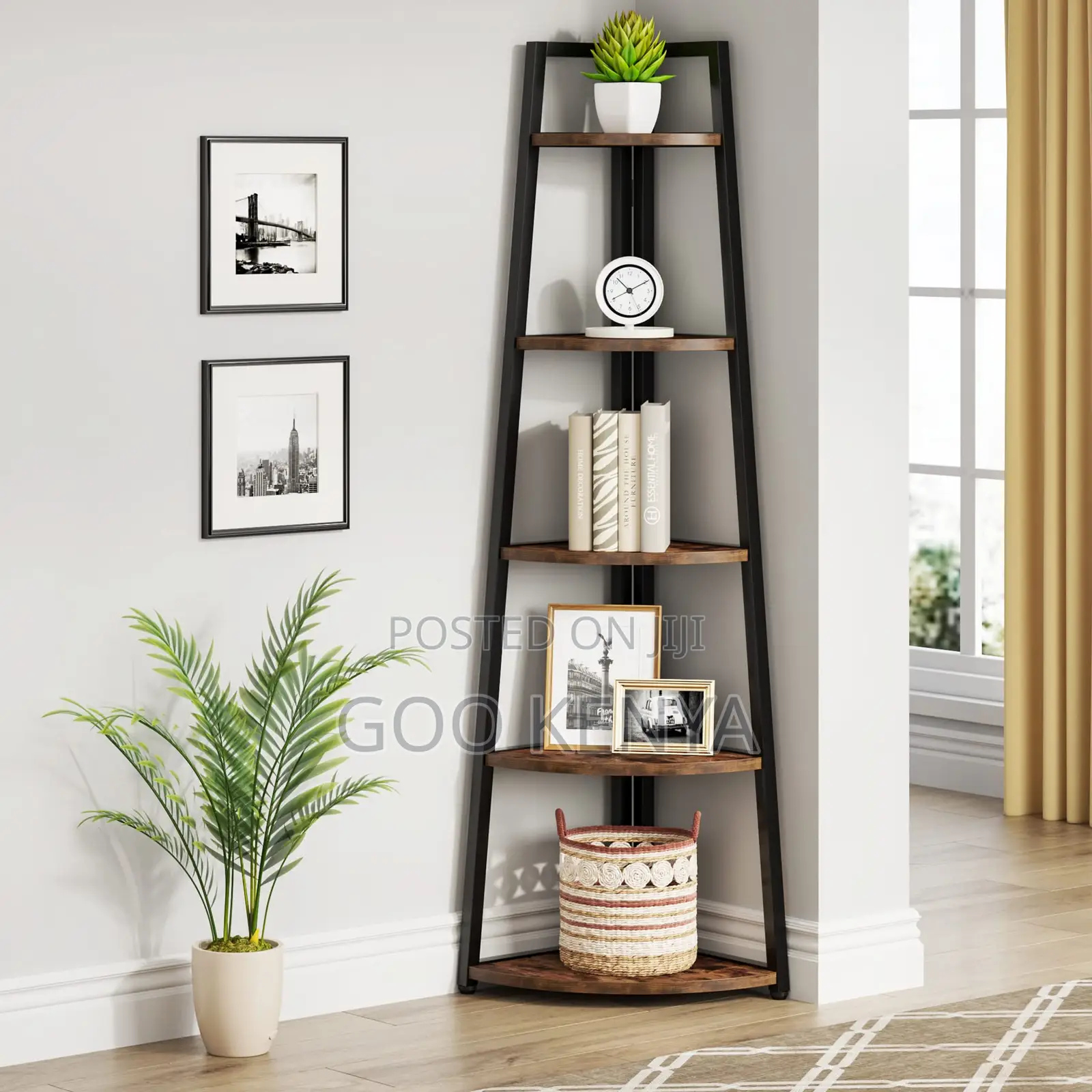Home Shelf; Space-Saving 5-Tier Wooden Corner Rack With Metal Base.