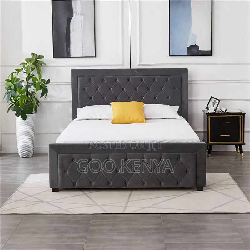 Home Bed; Decorative Wooden King Size Bed With Velvet Headboard