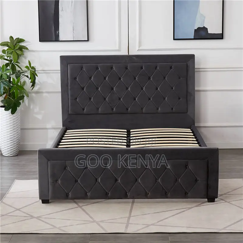 Home Bed; Decorative Wooden King Size Bed With Velvet Headboard