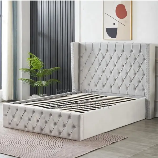 Home Bed; Decorative Wooden King Size Bed With Velvet Headboard