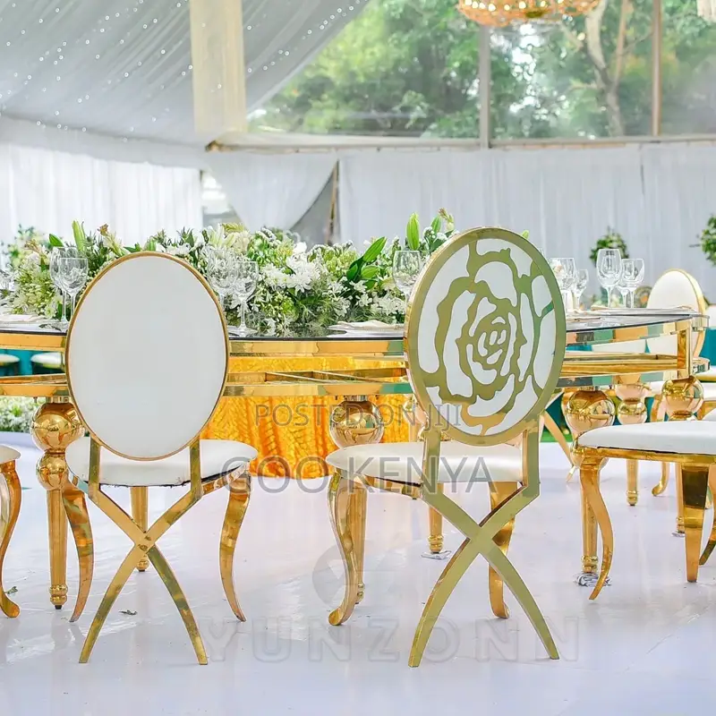 Outdoor Event Chair; Round Back Leather Chair With Golden X Legs
