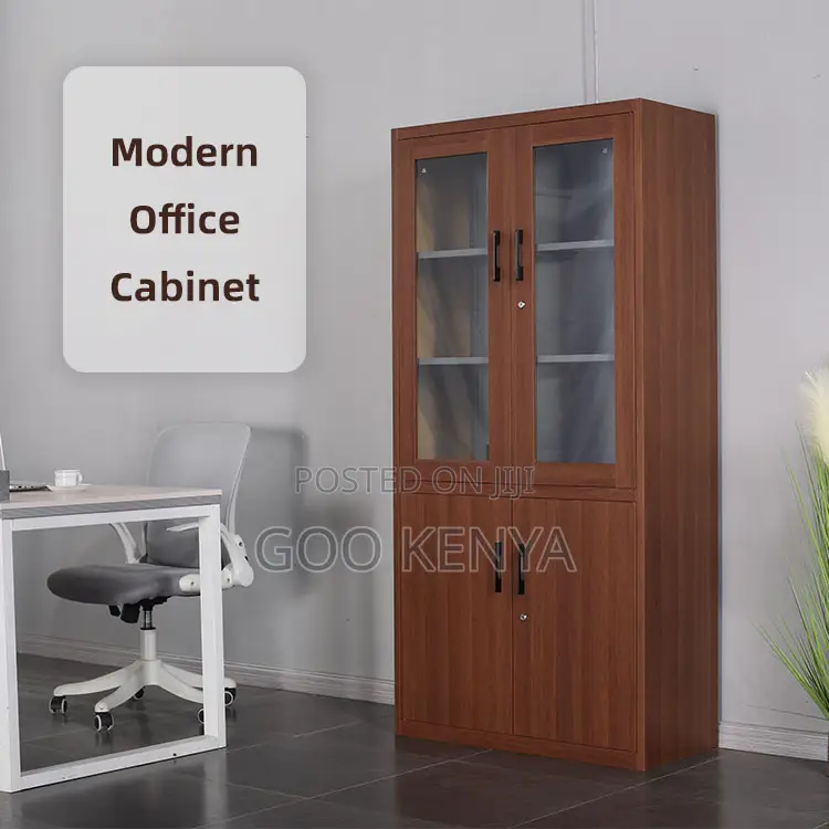 Office Cabinet; Office File Cabinet With Wood Base and Glass Top Doors