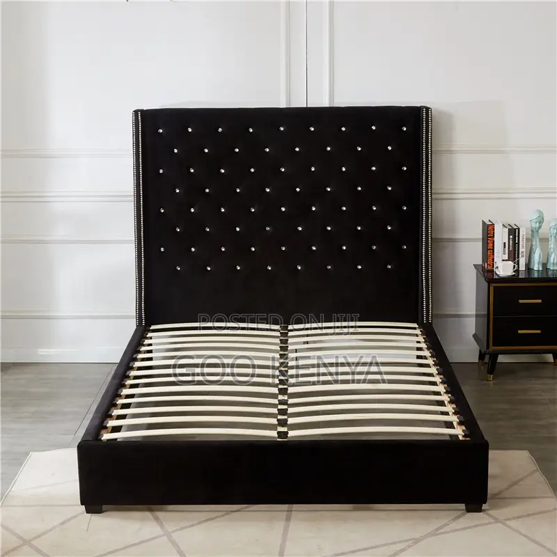 Home Bed; Elegant High Wooden Bed With Tufted Headboard