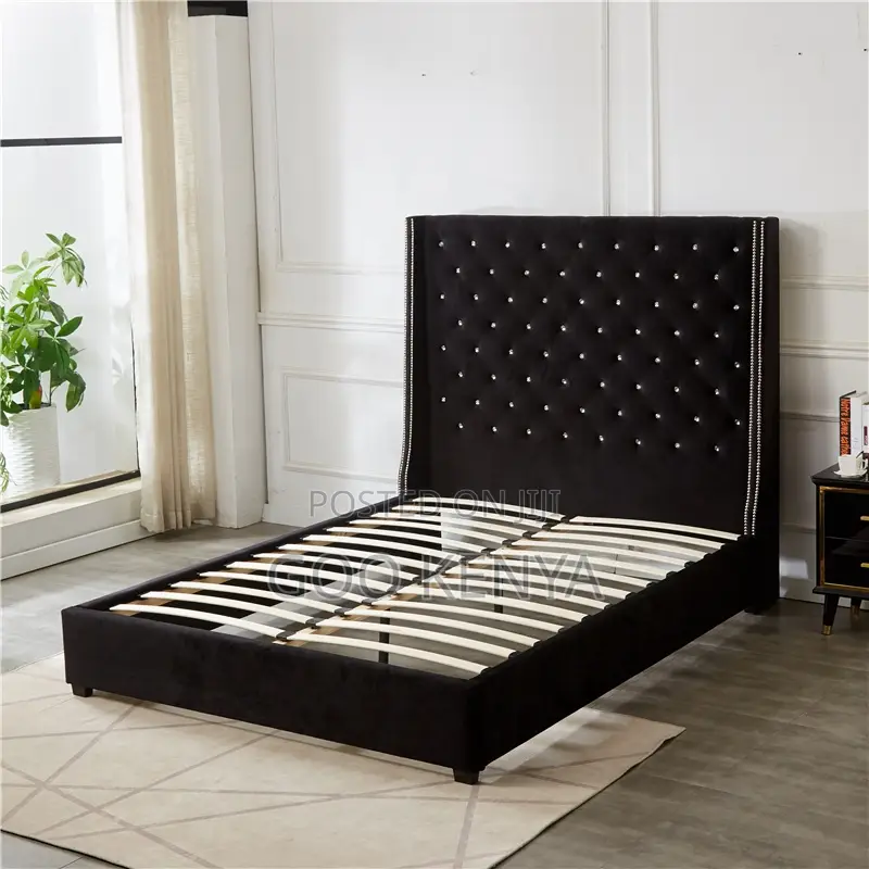 Home Bed; Elegant High Wooden Bed With Tufted Headboard