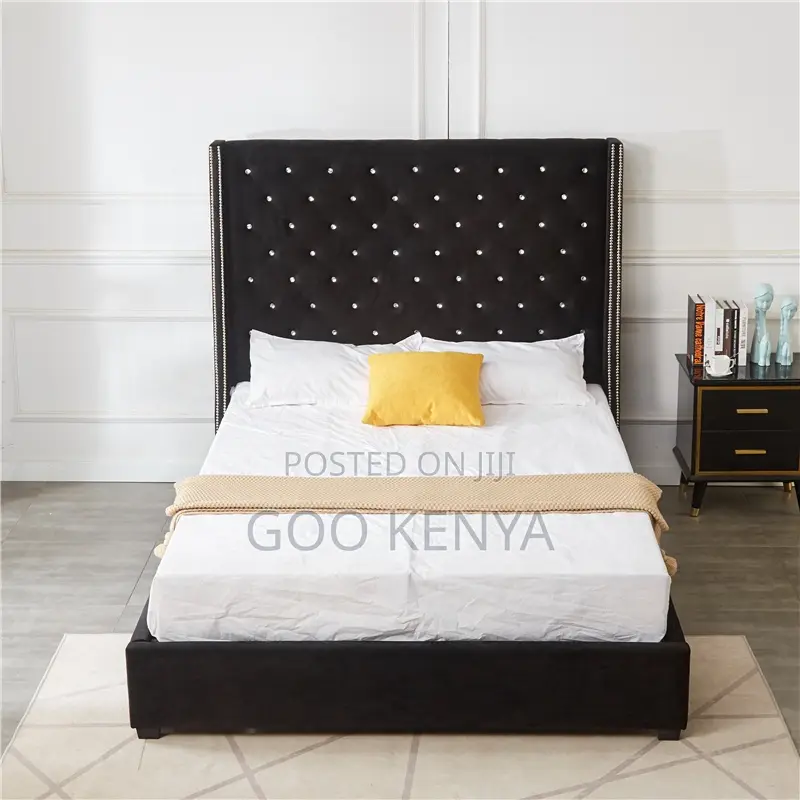 Home Bed; Elegant High Wooden Bed With Tufted Headboard