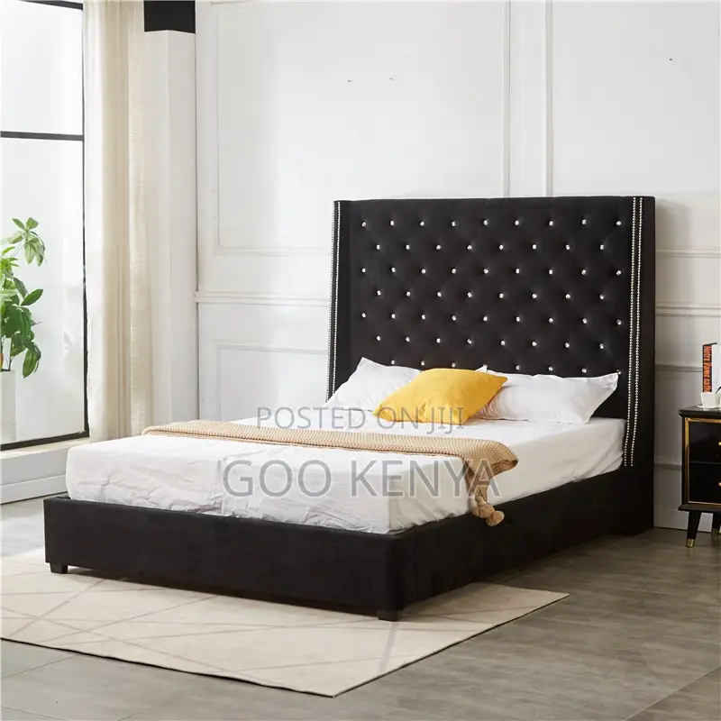 Home Bed; Elegant High Wooden Bed With Tufted Headboard