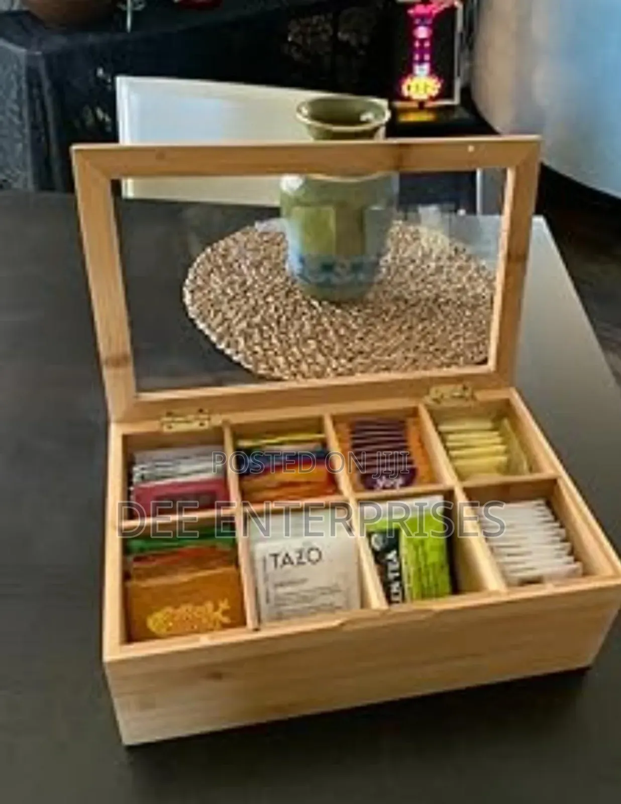 6 Compartment Bamboo Tea Bag Organizer With Clear Cover