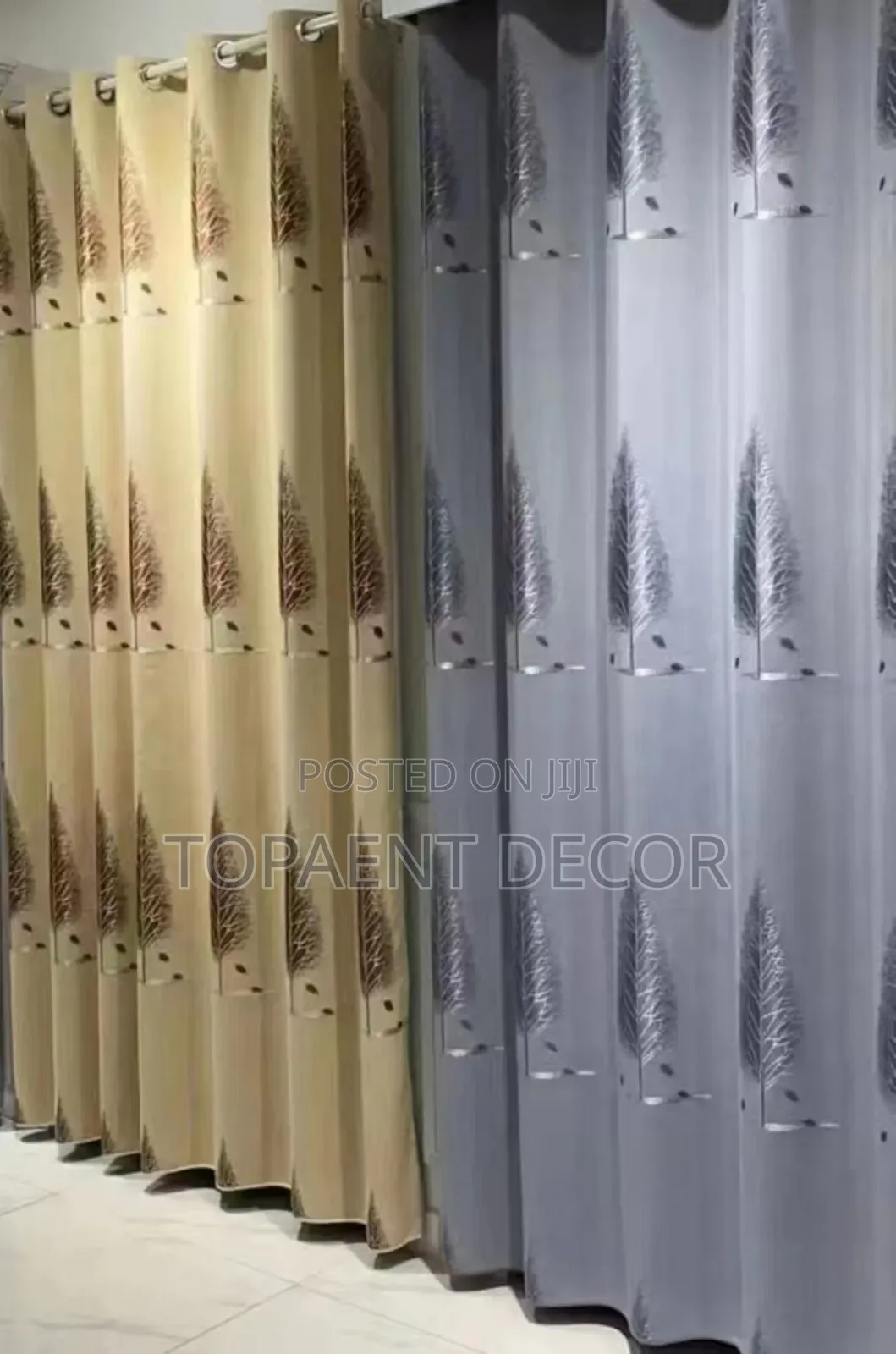 Tree Themed Grey and Brown Window and Door Curtains
