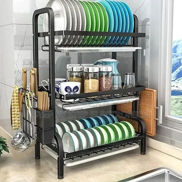 Elegant 3 Tier Dish Rack Metallic Stainless Steel Kitchen Stand