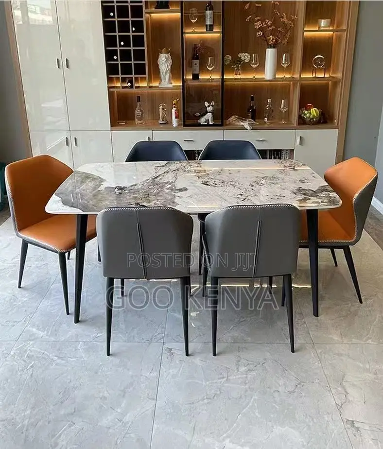 Home Dining Set; 6-Seat Durable Rock Stone Marble Dining Set