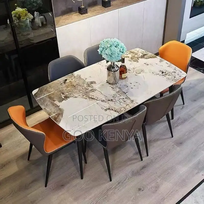 Home Dining Set; 6-Seat Durable Rock Stone Marble Dining Set