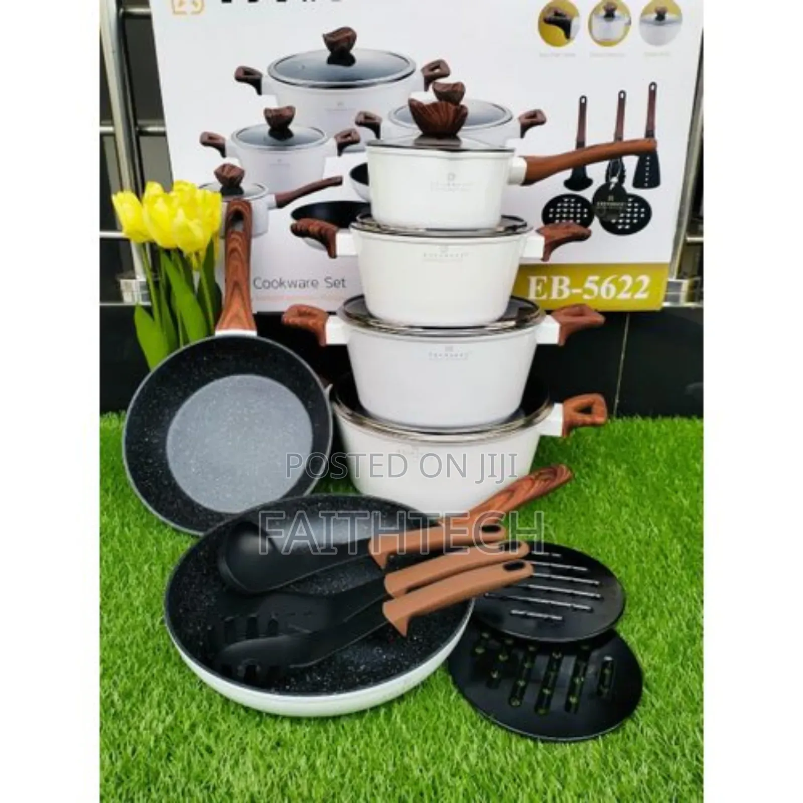 15 Pieces White With Wooden Handle Edenburg Cookware Pots Set