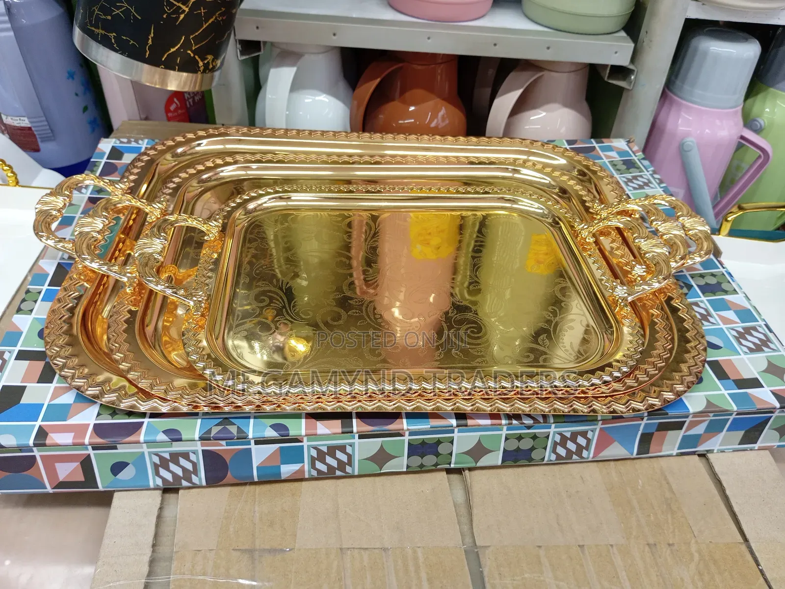 3pc Golden Serving Tray/3pc Metallic Trays Heavy Gauge