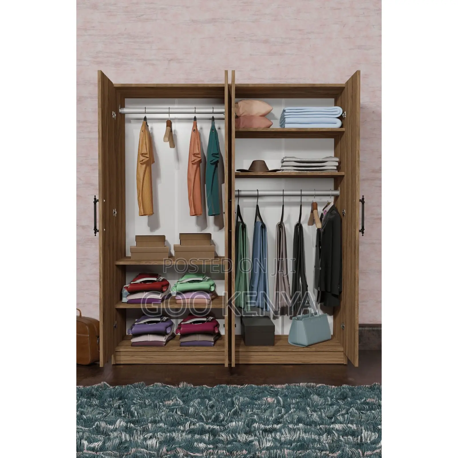 Home Wardrobe; 4-Door Wooden Lockable Home Clothes Organizer